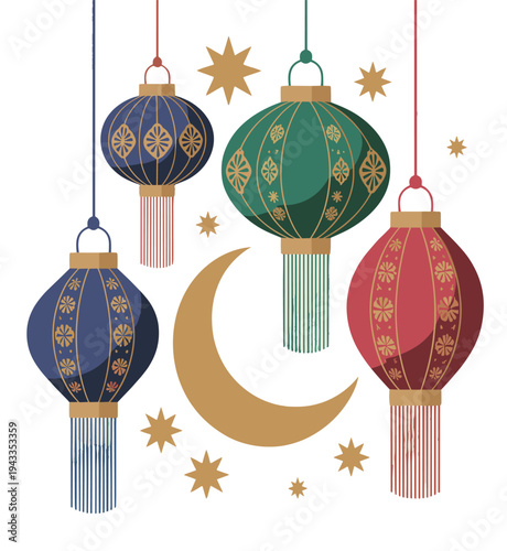 Colorful hanging lanterns with moon and stars decoration vector illustration