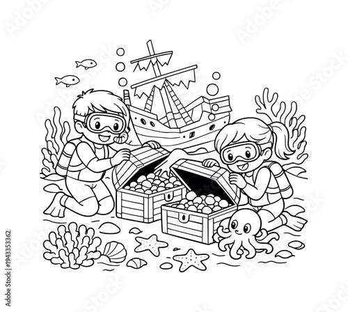Underwater Treasure Hunt. Children investigating a shipwreck on the ocean floor, lifting treasure chest lids, colorful corals and