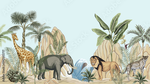 African elephant, lion, giraffe, leopard, palms, banana trees, palm, plant, mountain, waterfall mural. Safari landscape.