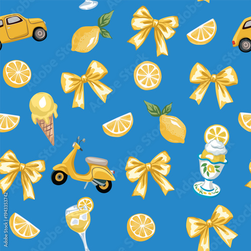Italian cafe, gelato, lemon fruit, scooter, bow, car seamless pattern. Summer resort print.	