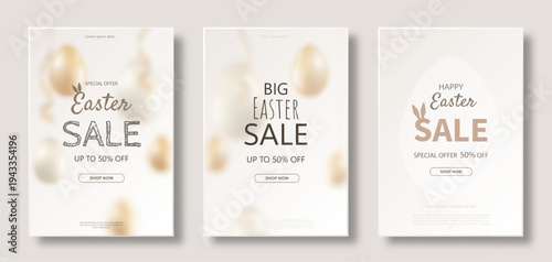 A set of Easter posters. Happy easter sale banner with blurred Easter eggs. Three flyers, postcards, posters with the text of the Easter sale on a gray background. Vector EPS 10.