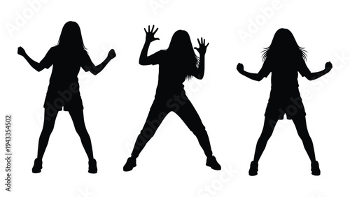 Three women silhouetted in dynamic poses appearing to dance or celebrate