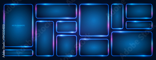 Neon banners. A large set of blue rectangular neon frames of different sizes with glowing effects and illumination on a dark background. Elements for futuristic design. Vector EPS 10.