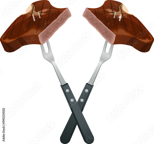 Delicious grilled steak on crossed forks with intense flames and a radial sunburst. Representing barbecue, summer, and outdoor cooking