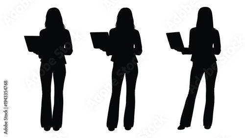 Three silhouettes of women using laptops depicted in a minimalist style
