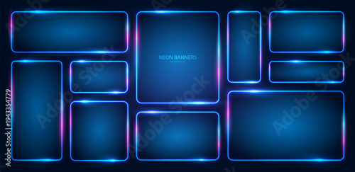 Neon banners. A large set of rectangular neon frames of different sizes with glowing effects and lighting. Futuristic modern neon glowing banners. Vector EPS 10.