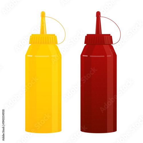 Ketchup and mustard in red and yellow squeeze bottles, representing condiments for hamburgers, hot dogs, and snacks