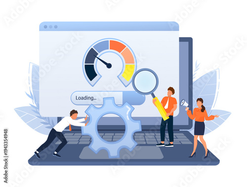 Team of business workers collaborating on a laptop, analyzing and optimizing website speed, SEO, and online loading performance