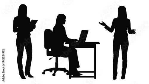 Silhouettes of three women one with a tablet one working and one gesturing