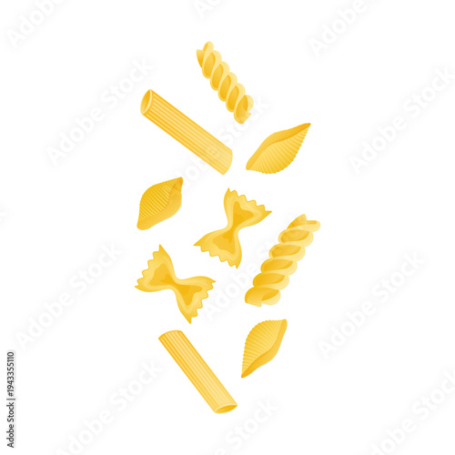 Various pasta types including bow tie, spiral, shell, and tube shapes falling on a white background, representing Italian cuisine