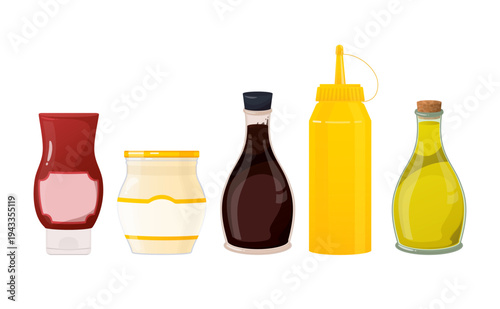 Assortment of commonly used food condiments and dressings in diverse containers, representing culinary flavors for dining