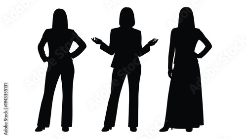 Silhouettes of three women in business attire posing with different stances