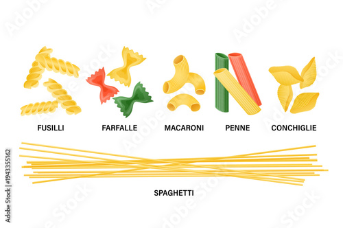 Collection of various pasta shapes and colors, showcasing popular options for Italian cuisine and meal preparation