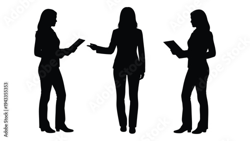 Three women in silhouette engaged in discussion and utilizing digital tablets