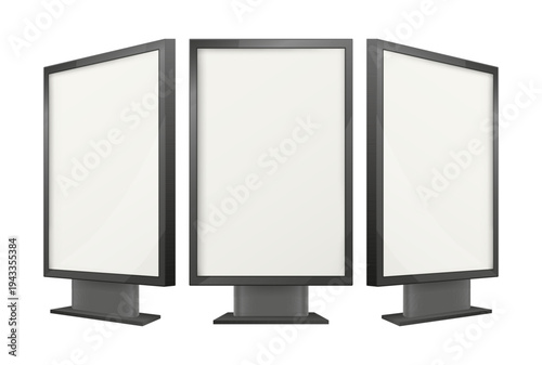 Three blank advertising billboards with vertical white screens, providing a clean template for various outdoor promotions and digital signage projects