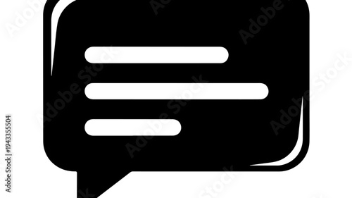 Speech bubble icon with three horizontal lines, black and white illustration featuring message box, talk, conversation with dialogue and messaging