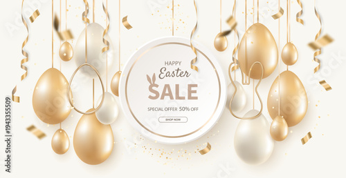 Festive Easter banner with golden and white Easter eggs suspended on thin golden ribbons on a light beige background, with the text Happy Easter Sale. Design for Easter cards, invitations, sales
