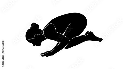 Woman yoga silhouette in crawling position with bun hairstyle featuring black, white, background with illustration and vector elements for graphic,