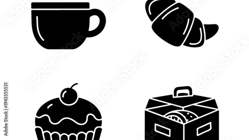 Cup coffee icon with steam rising, accompanied by pastry and dessert silhouettes in a collection featuring hot beverage, croissant, muffin with