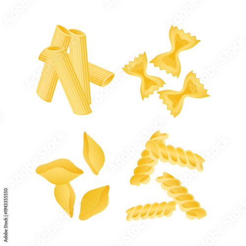 Various uncooked durum wheat pasta types, including rigatoni, bow ties, twisted spirals, and shells, illustrating choices for Italian cuisine
