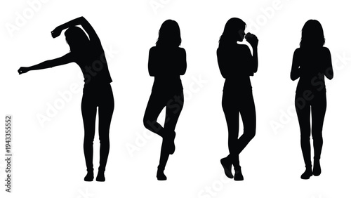 Silhouettes of four women in various poses suggesting exercise or movement