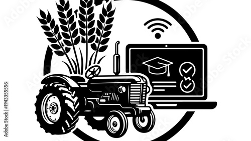 Tractor agricultural icon with wheat and laptop online education featuring agriculture, farming, technology with rural and learning elements for