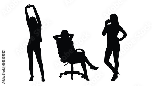 Silhouette illustration depicting three women in different poses and activities
