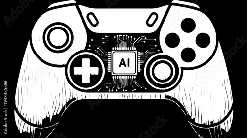 Game controller with AI features and hand-drawn lines for digital gaming featuring AI, artificial intelligence, console with technology and