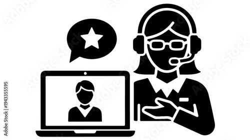 Headset woman with laptop and customer service chat icon featuring support, call center, telemarketing with communication and business elements for