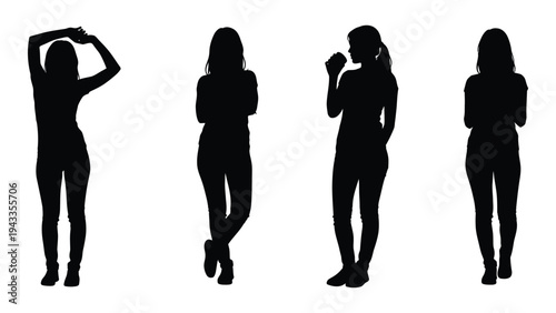 Silhouettes of four women in various poses against a white background