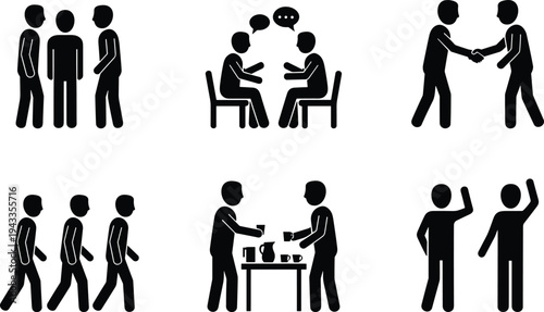 Illustrations of Social Interaction, Communication, Handshakes, and Friendly Meetings Showing People Talking, Walking, and Sharing Moments Together