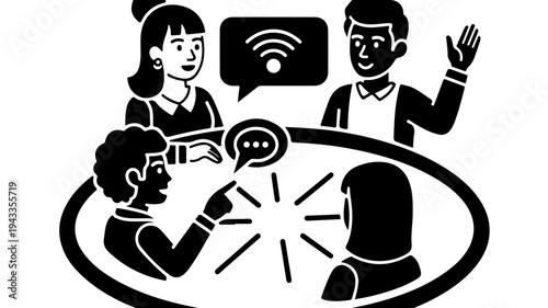 People meeting in circle with speech bubbles and discussion featuring communication, teamwork, collaboration with conversation and chat elements for
