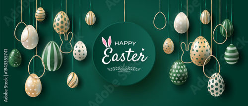 Happy Easter holiday banner on a dark green background, with painted eggs in gold, white and green colors, suspended on golden ribbons. Design for Easter cards, social media posts or decorative