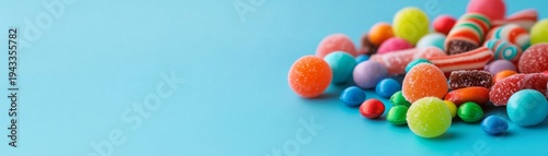 Vibrant assorted candies and sweets arrayed on a light blue background, creating a joyful, colorful confectionery banner with ample copy space. Treats, sugary