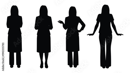 Four women in silhouette each displaying a different posture and dress style