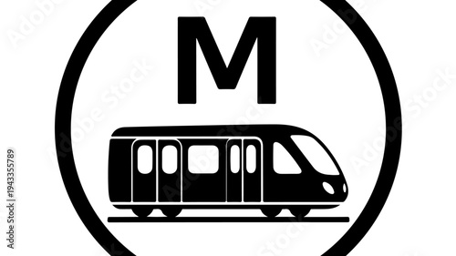 Train metro icon with black circle and letter M, transportation symbol featuring public transit, commute, rail with urban and travel elements for
