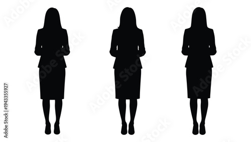 Three identical black silhouettes of women standing in a row against a white background