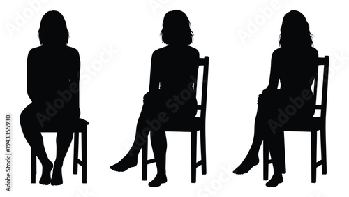 Three silhouetted women seated on chairs facing forward in a minimalist style