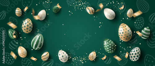 Festive Easter background with golden, white and green eggs and on a dark green background. Festive design with realistic Easter eggs for greeting card, invitation or advertising banner. Vector EPS 10