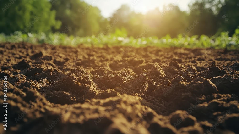 Obraz premium Close-up of rich brown soil in a sunlit park with a blurred green background, suggesting potential environmental contamination concerns.