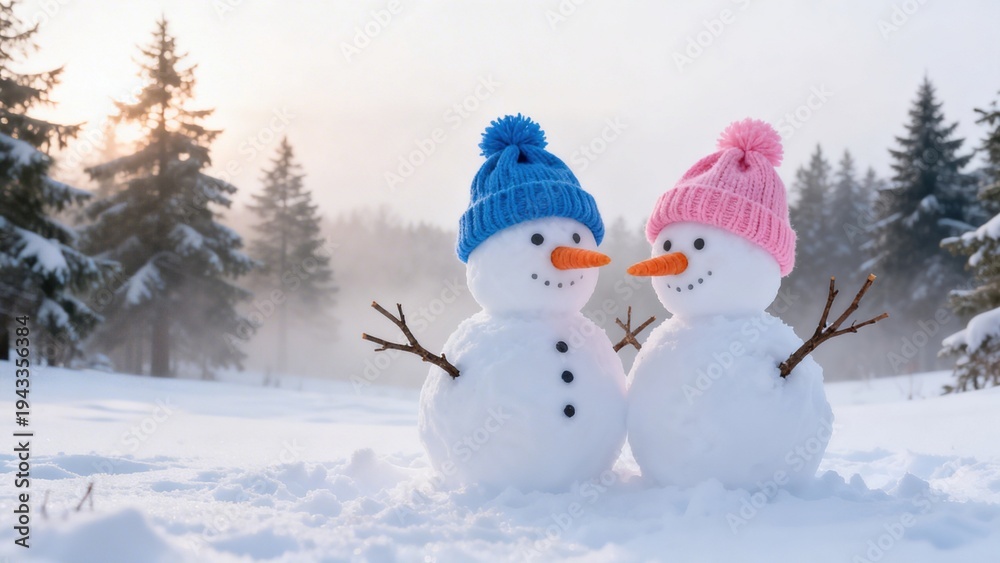 Obraz premium Whimsical Winter Snowman Collection: Cheerful Snowmen (In Red Hats, Plaid Scarves & Top Hats) in Varied Snowy Settings (Snowy Forest, Sunlit Path, Pine Tree Backdrop, Open Winter Field) for Christmas,
