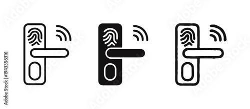 Smart Door Handle with Fingerprint and Wireless Signal Icon Set. Biometric security door lock symbol.