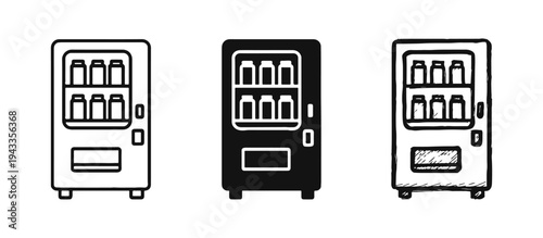 Vending Machine with Bottles Icon Set. Automatic dispenser for snacks and drinks.