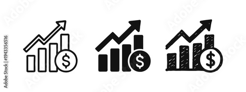 Financial Growth Bar Chart with Dollar Sign Icon Set. Business increase and profit symbol.