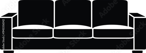 Minimal vector silhouette, living room sofa couch front view, solid black, isolated on white background.