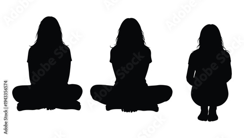 Three silhouettes of women are seated cross legged against a white background