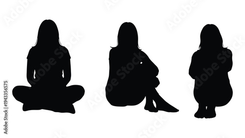 Three silhouetted figures of women are shown crouching and seated on a white background