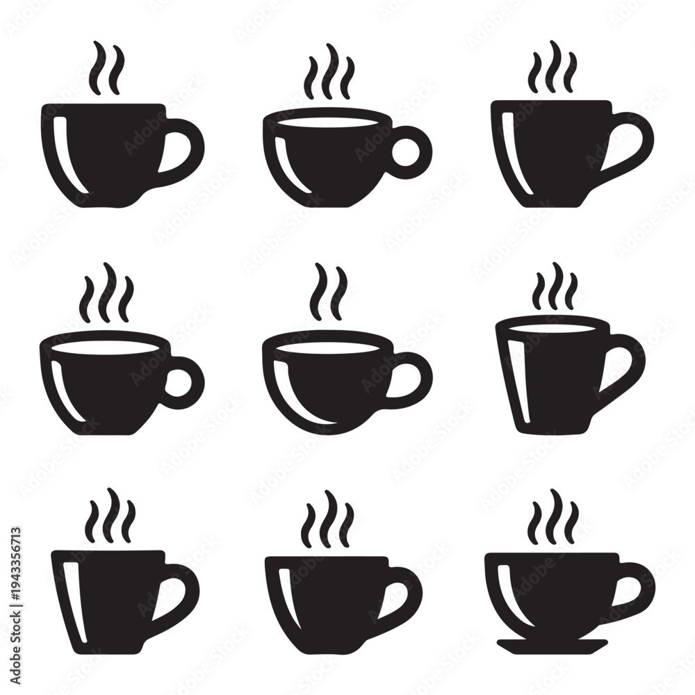 Obraz premium Coffee Cup Icon Set – Hot Drink Mug Silhouette Collection Vector