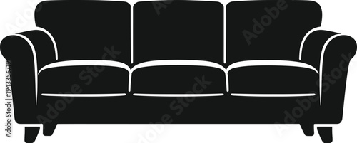 Minimal vector silhouette, living room sofa couch front view, solid black, isolated on white background.