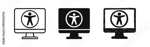 Digital Accessibility Icons Set: Computer Screen with Universal Access Symbol in Outline, Solid, and Hand-Drawn Styles